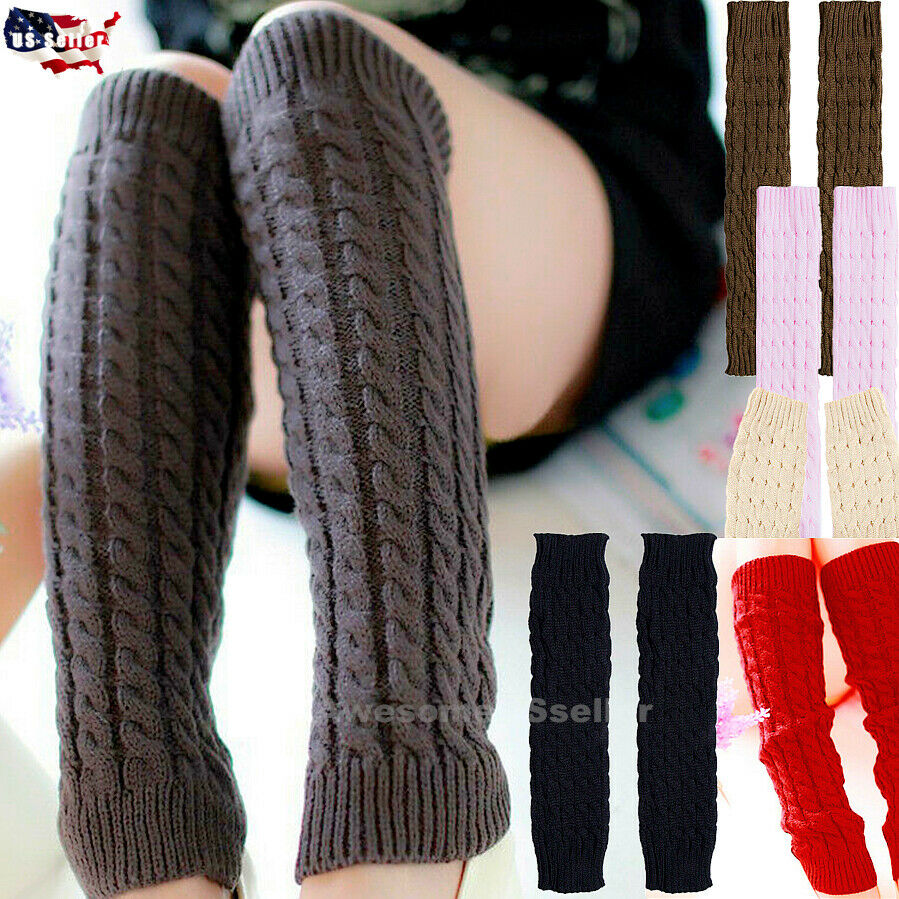 Women Leg Warmers Crochet Knit Ribbed Knee High Solid Winter Boot Wool Sock Long