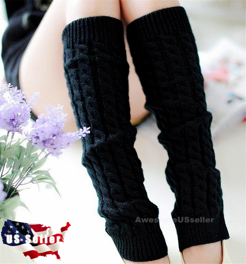 Women Crochet Knit Ribbed Leg Warmers Knee High Solid Winter Boot Wool Sock Long