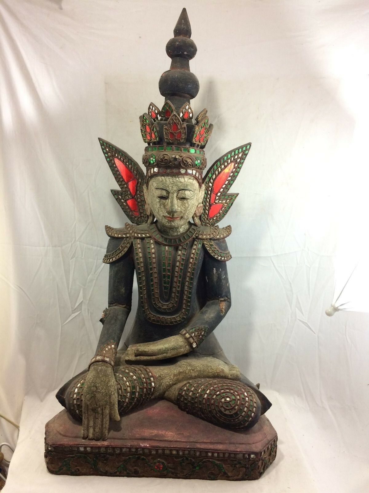 Large 19thc Burmese Seated Crowned Buddha Polychrome Paint W/ Mirror Accents 38"