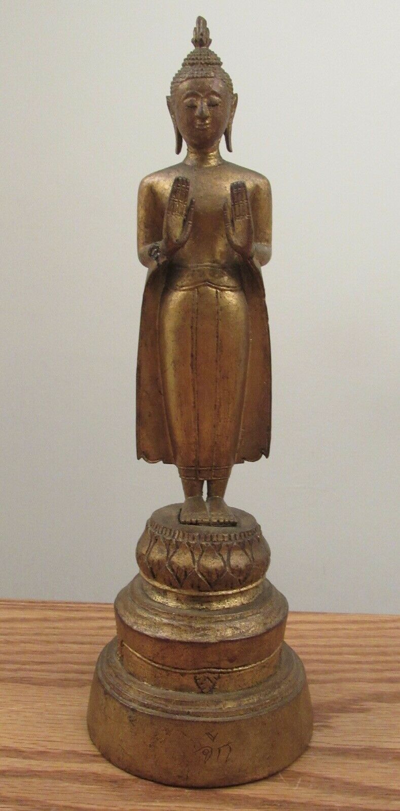 Antique Thai Gilt Wood Standing Buddha Statue 10.5” Calming The Ocean